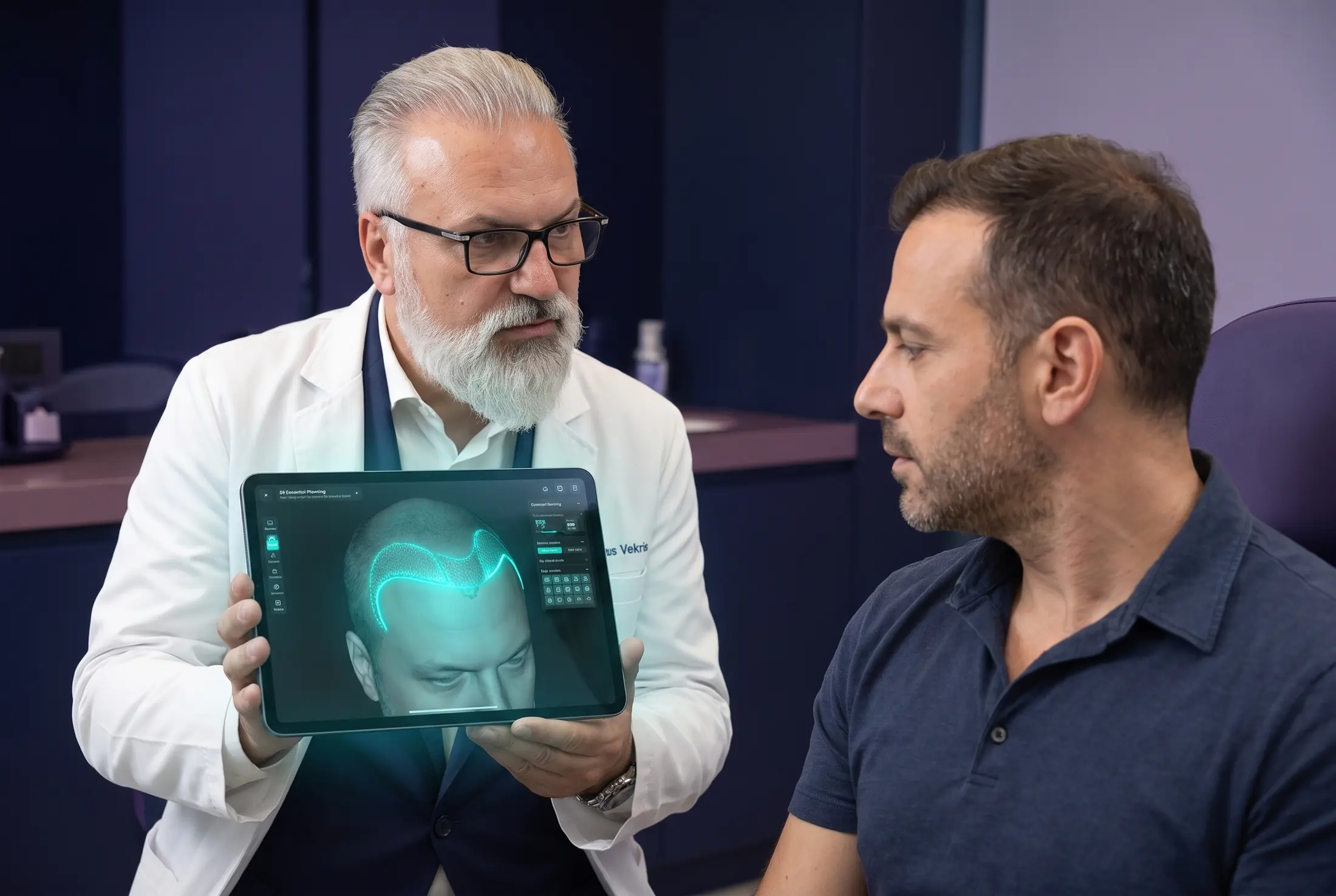 A personalised hair transplant plan shown on a tablet