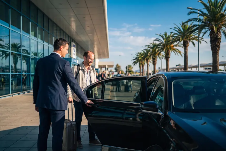 A chauffeur opening the car door for a patient outside Athens airport