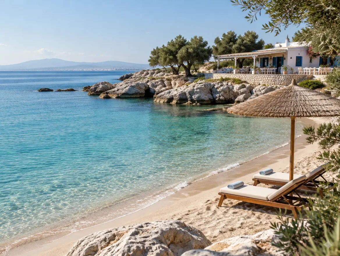 A quiet Greek beach with clear turquoise water