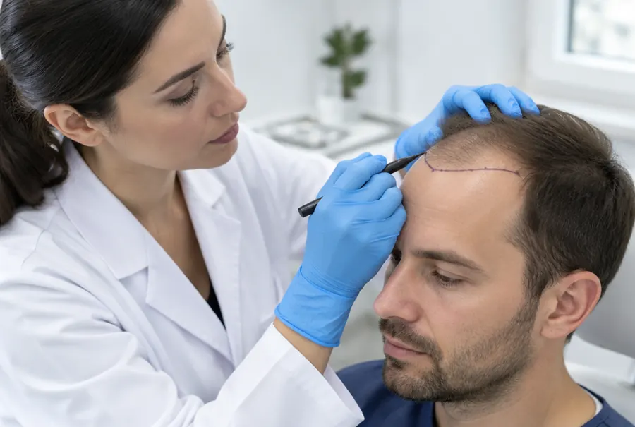 A doctor drawing a patient’s new hairline before the procedure