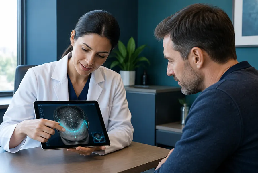 A doctor showing a patient his personal hair transplant plan on a tablet