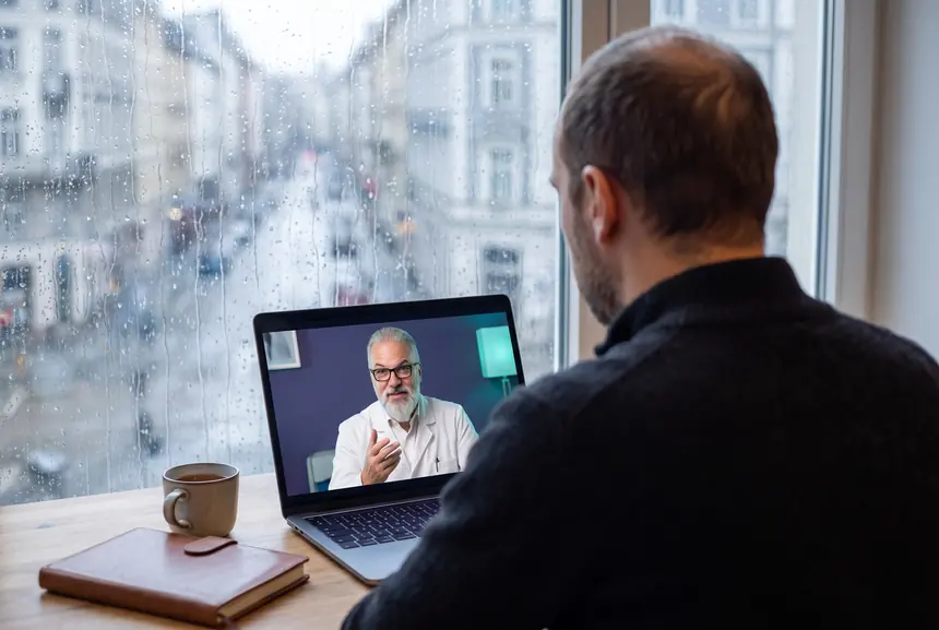 A patient at home on a video consultation with Dr Vekris