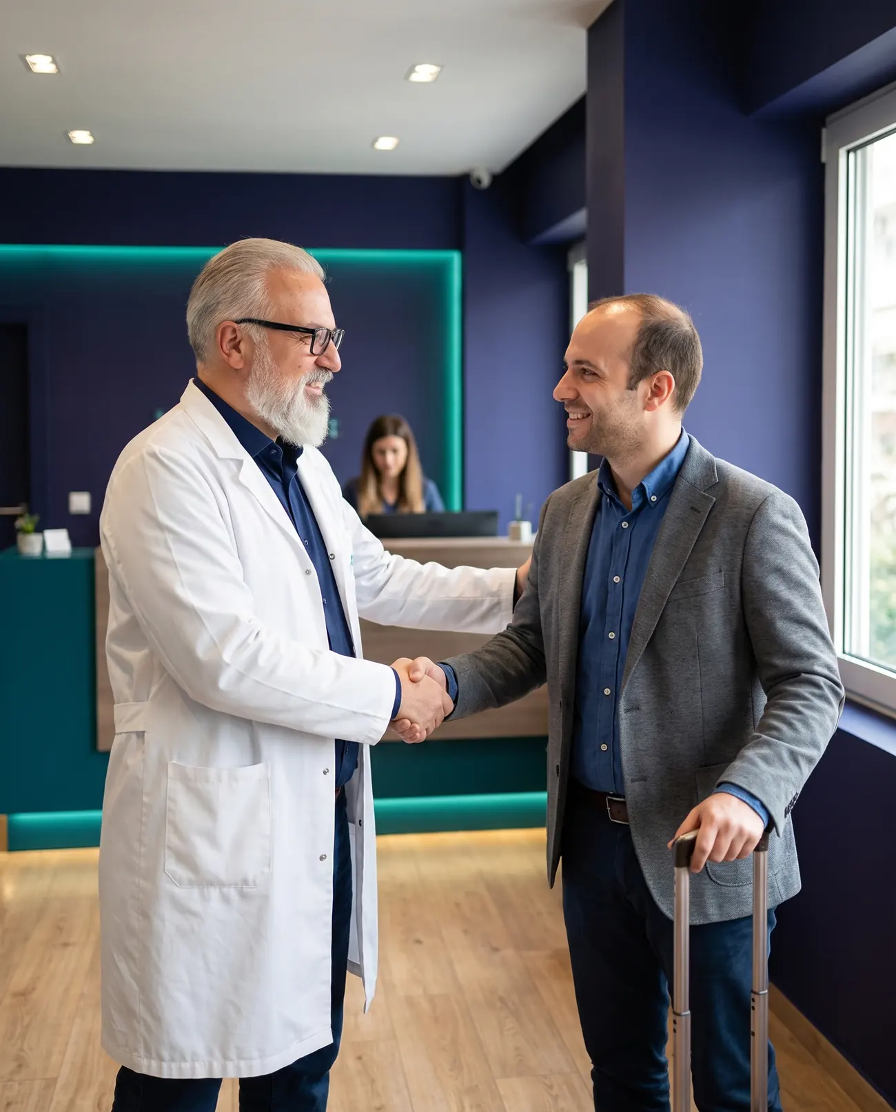 Dr Vekris welcoming an international patient to the clinic in Athens